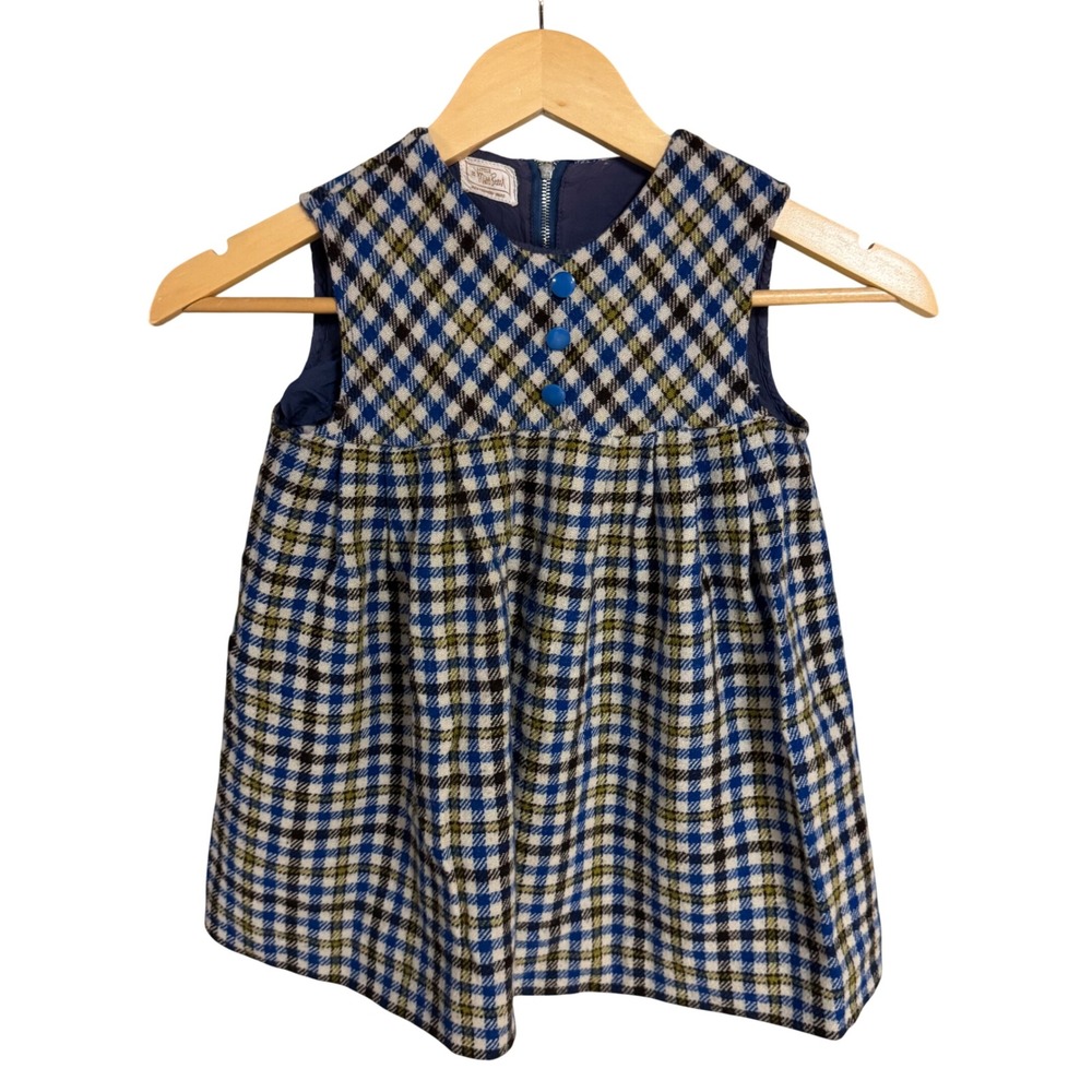 Vintage Little Miss Brent Montgomery Ward Plaid‎ Jumper Dress Blue Green Kids